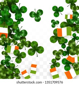 Vector Clover Leaf  and Ireland Flag Isolated on Transparent Background. St. Patrick's Day Illustration. Ireland's Lucky Shamrock Poster.  Flyer for Patrick's Party. Top View.