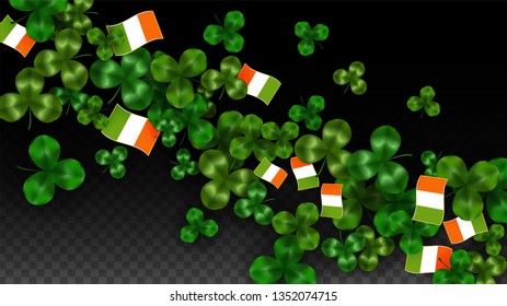 Vector Clover Leaf  and Ireland Flag Isolated on Transparent Background. St. Patrick's Day Illustration. Ireland's Lucky Shamrock Poster.  Card for Irish Concert in Pub. Tourism in Ireland.