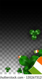 Vector Clover Leaf  and Ireland Flag Isolated on Transparent Background. St. Patrick's Day Illustration. Ireland's Lucky Shamrock Poster.  Flyer for Irish Concert in Pub. Tourism in Ireland.