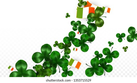 Vector Clover Leaf  and Ireland Flag Isolated on Transparent Background. St. Patrick's Day Illustration. Ireland's Lucky Shamrock Poster.  Banner for Patrick's Party. Top View.