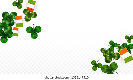 Vector Clover Leaf  and Ireland Flag Isolated on Transparent Background. St. Patrick's Day Illustration. Ireland's Lucky Shamrock Poster.  Card for Irish Concert in Pub. Tourism in Ireland.