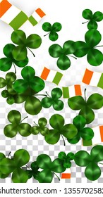 Vector Clover Leaf  and Ireland Flag Isolated on Transparent Background. St. Patrick's Day Illustration. Ireland's Lucky Shamrock Poster.  Poster for Irish Concert in Pub. Top View.