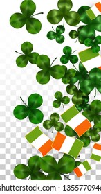 Vector Clover Leaf  and Ireland Flag Isolated on Transparent Background. St. Patrick's Day Illustration. Ireland's Lucky Shamrock Poster.  Flyer for Irish Party. Top View.