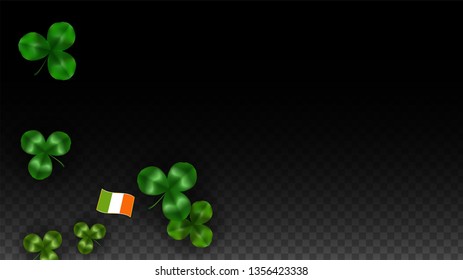Vector Clover Leaf  and Ireland Flag Isolated on Transparent Background. St. Patrick's Day Illustration. Ireland's Lucky Shamrock Poster.  Card for Patrick's Party. Top View.