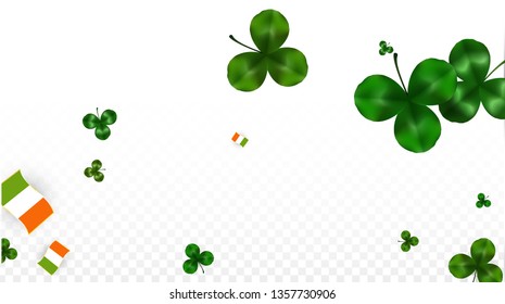Vector Clover Leaf  and Ireland Flag Isolated on Transparent Background. St. Patrick's Day Illustration. Ireland's Lucky Shamrock Poster.  Poster for Irish Party. Top View.