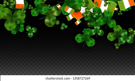 Vector Clover Leaf  and Ireland Flag Isolated on Transparent Background. St. Patrick's Day Illustration. Ireland's Lucky Shamrock Poster.  Banner for Patrick's Party. Top View.