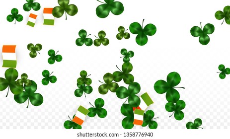 Vector Clover Leaf  and Ireland Flag Isolated on Transparent Background. St. Patrick's Day Illustration. Ireland's Lucky Shamrock Poster.  Card for Patrick's Party. Top View.