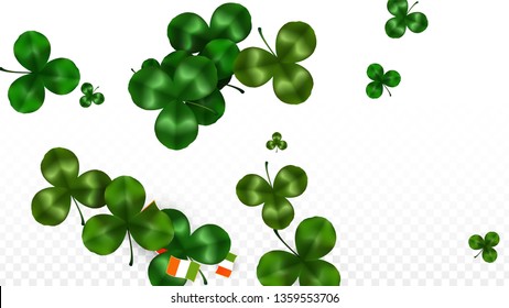 Vector Clover Leaf  and Ireland Flag Isolated on Transparent Background. St. Patrick's Day Illustration. Ireland's Lucky Shamrock Poster.  Invitation for Patrick's Party. Flatlay. 