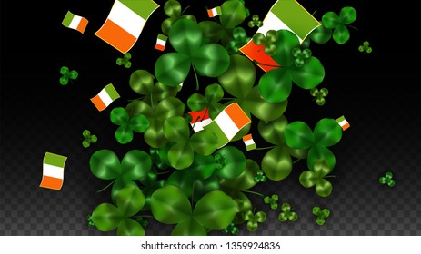 Vector Clover Leaf  and Ireland Flag Isolated on Transparent Background. St. Patrick's Day Illustration. Ireland's Lucky Shamrock Poster.  Card for Patrick's Party. Tourism in Ireland.