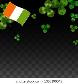 Vector Clover Leaf  and Ireland Flag Isolated on Transparent Background. St. Patrick's Day Illustration. Ireland's Lucky Shamrock Poster.  Poster for Patrick's Party. Success Symbols.