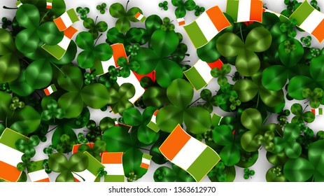 Vector Clover Leaf  and Ireland Flag Isolated on Transparent Background. St. Patrick's Day Illustration. Ireland's Lucky Shamrock Poster.  Poster for Irish Party. Success Symbols.