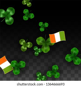 Vector Clover Leaf  and Ireland Flag Isolated on Transparent Background. St. Patrick's Day Illustration. Ireland's Lucky Shamrock Poster.  Invitation for Irish Concert in Pub. Top View.