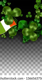 Vector Clover Leaf  and Ireland Flag Isolated on Transparent Background. St. Patrick's Day Illustration. Ireland's Lucky Shamrock Poster.  Poster for Patrick's Party. Tourism in Ireland.