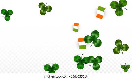 Vector Clover Leaf  and Ireland Flag Isolated on Transparent Background. St. Patrick's Day Illustration. Ireland's Lucky Shamrock Poster.  Flyer for Irish Party. Success Symbols.