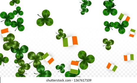Vector Clover Leaf  and Ireland Flag Isolated on Transparent Background. St. Patrick's Day Illustration. Ireland's Lucky Shamrock Poster.  Poster for Irish Concert in Pub. Tourism in Ireland.