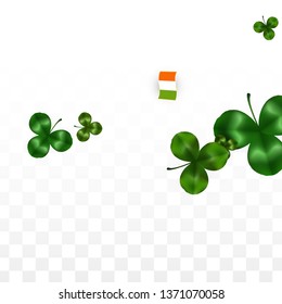 Vector Clover Leaf  and Ireland Flag Isolated on Transparent Background. St. Patrick's Day Illustration. Ireland's Lucky Shamrock Poster.  Banner for Irish Party. Success Symbols.