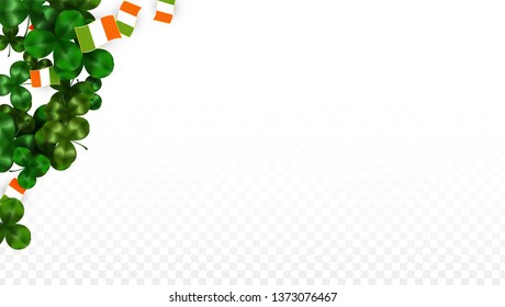 Vector Clover Leaf  and Ireland Flag Isolated on Transparent Background. St. Patrick's Day Illustration. Ireland's Lucky Shamrock Poster.  Poster for Irish Party. Top View.
