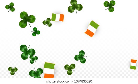 Vector Clover Leaf  and Ireland Flag Isolated on Transparent Background. St. Patrick's Day Illustration. Ireland's Lucky Shamrock Poster.  Invitation for Irish Concert in Pub. Tourism in Ireland.