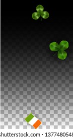 Vector Clover Leaf  and Ireland Flag Isolated on Transparent Background. St. Patrick's Day Illustration. Ireland's Lucky Shamrock Poster.  Poster for Patrick's Party. Flatlay. 
