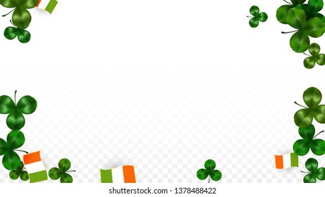 Vector Clover Leaf  and Ireland Flag Isolated on Transparent Background. St. Patrick's Day Illustration. Ireland's Lucky Shamrock Poster.  Card for Patrick's Party. Tourism in Ireland.