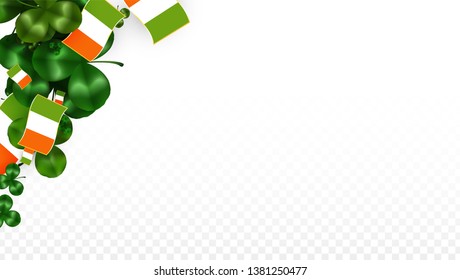 Vector Clover Leaf  and Ireland Flag Isolated on Transparent Background. St. Patrick's Day Illustration. Ireland's Lucky Shamrock Poster.  Banner for Patrick's Party. Top View.