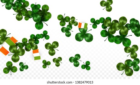 Vector Clover Leaf  and Ireland Flag Isolated on Transparent Background. St. Patrick's Day Illustration. Ireland's Lucky Shamrock Poster.  Invitation for Irish Concert in Pub. Tourism in Ireland.