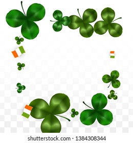 Vector Clover Leaf  and Ireland Flag Isolated on Transparent Background. St. Patrick's Day Illustration. Ireland's Lucky Shamrock Poster.  Flyer for Irish Party. Tourism in Ireland.