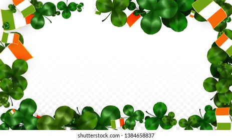 Vector Clover Leaf  and Ireland Flag Isolated on Transparent Background. St. Patrick's Day Illustration. Ireland's Lucky Shamrock Poster.  Card for Irish Concert in Pub. Tourism in Ireland.