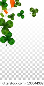 Vector Clover Leaf  and Ireland Flag Isolated on Transparent Background. St. Patrick's Day Illustration. Ireland's Lucky Shamrock Poster.  Cover for Patrick's Party. Top View.