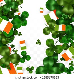 Vector Clover Leaf  and Ireland Flag Isolated on Transparent Background. St. Patrick's Day Illustration. Ireland's Lucky Shamrock Poster.  Banner for Patrick's Party. Tourism in Ireland.