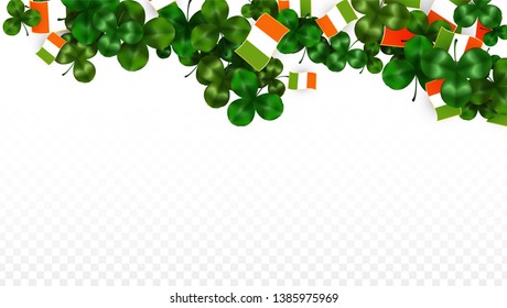 Vector Clover Leaf  and Ireland Flag Isolated on Transparent Background. St. Patrick's Day Illustration. Ireland's Lucky Shamrock Poster.  Banner for Patrick's Party. Flatlay. 