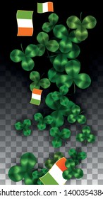 Vector Clover Leaf  and Ireland Flag Isolated on Transparent Background. St. Patrick's Day Illustration. Ireland's Lucky Shamrock Poster.  Card for Irish Party. Flatlay. 