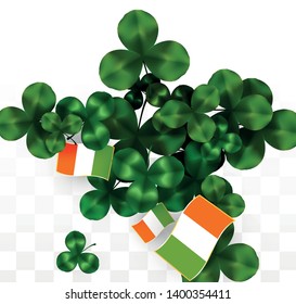 Vector Clover Leaf  and Ireland Flag Isolated on Transparent Background. St. Patrick's Day Illustration. Ireland's Lucky Shamrock Poster.  Flyer for Irish Concert in Pub. Flatlay. 