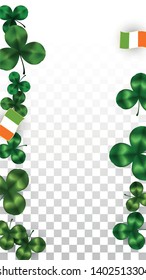 Vector Clover Leaf  and Ireland Flag Isolated on Transparent Background. St. Patrick's Day Illustration. Ireland's Lucky Shamrock Poster.  Banner for Irish Party. Tourism in Ireland.