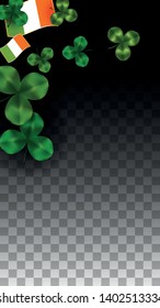 Vector Clover Leaf  and Ireland Flag Isolated on Transparent Background. St. Patrick's Day Illustration. Ireland's Lucky Shamrock Poster.  Cover for Irish Party. Flatlay. 