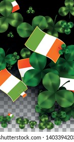 Vector Clover Leaf  and Ireland Flag Isolated on Transparent Background. St. Patrick's Day Illustration. Ireland's Lucky Shamrock Poster.  Cover for Irish Party. Tourism in Ireland.