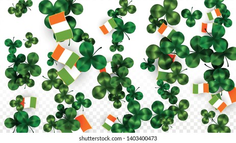 Vector Clover Leaf  and Ireland Flag Isolated on Transparent Background. St. Patrick's Day Illustration. Ireland's Lucky Shamrock Poster.  Flyer for Patrick's Party. Success Symbols.