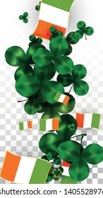 Vector Clover Leaf  and Ireland Flag Isolated on Transparent Background. St. Patrick's Day Illustration. Ireland's Lucky Shamrock Poster.  Card for Irish Concert in Pub. Success Symbols.
