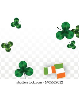 Vector Clover Leaf  and Ireland Flag Isolated on Transparent Background. St. Patrick's Day Illustration. Ireland's Lucky Shamrock Poster.  Flyer for Patrick's Party. Success Symbols.