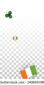 Vector Clover Leaf  and Ireland Flag Isolated on Transparent Background. St. Patrick's Day Illustration. Ireland's Lucky Shamrock Poster.  Cover for Patrick's Party. Flatlay. 