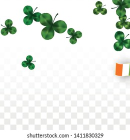 Vector Clover Leaf  and Ireland Flag Isolated on Transparent Background. St. Patrick's Day Illustration. Ireland's Lucky Shamrock Poster.  Cover for Irish Party. Top View.