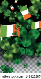 Vector Clover Leaf  and Ireland Flag Isolated on Transparent Background. St. Patrick's Day Illustration. Ireland's Lucky Shamrock Poster.  Card for Patrick's Party. Flatlay. 