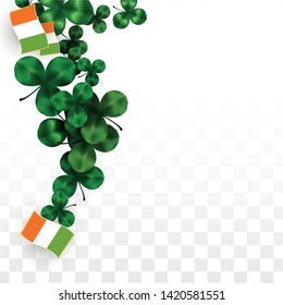 Vector Clover Leaf  and Ireland Flag Isolated on Transparent Background. St. Patrick's Day Illustration. Ireland's Lucky Shamrock Poster.  Banner for Patrick's Party. Flatlay. 