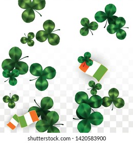 Vector Clover Leaf  and Ireland Flag Isolated on Transparent Background. St. Patrick's Day Illustration. Ireland's Lucky Shamrock Poster.  Banner for Patrick's Party. Tourism in Ireland.
