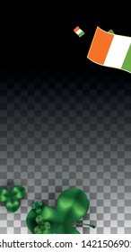 Vector Clover Leaf  and Ireland Flag Isolated on Transparent Background. St. Patrick's Day Illustration. Ireland's Lucky Shamrock Poster.  Flyer for Irish Concert in Pub. Success Symbols.