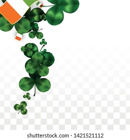Vector Clover Leaf  and Ireland Flag Isolated on Transparent Background. St. Patrick's Day Illustration. Ireland's Lucky Shamrock Poster.  Flyer for Patrick's Party. Success Symbols.