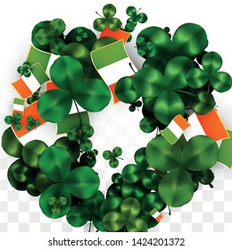 Vector Clover Leaf  and Ireland Flag Isolated on Transparent Background. St. Patrick's Day Illustration. Ireland's Lucky Shamrock Poster.  Card for Irish Party. Success Symbols.