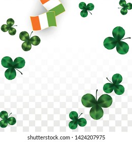 Vector Clover Leaf  and Ireland Flag Isolated on Transparent Background. St. Patrick's Day Illustration. Ireland's Lucky Shamrock Poster.  Flyer for Irish Party. Flatlay. 