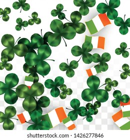 Vector Clover Leaf  and Ireland Flag Isolated on Transparent Background. St. Patrick's Day Illustration. Ireland's Lucky Shamrock Poster.  Poster for Irish Party. Tourism in Ireland.