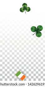 Vector Clover Leaf  and Ireland Flag Isolated on Transparent Background. St. Patrick's Day Illustration. Ireland's Lucky Shamrock Poster.  Card for Irish Party. Success Symbols.